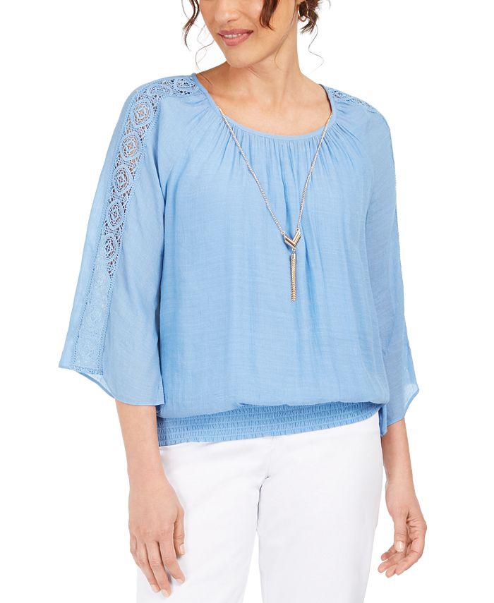 JM Collection Feminino Texturizado Crochê Manga Colar Gaze Top Azul Tamanho XX-G