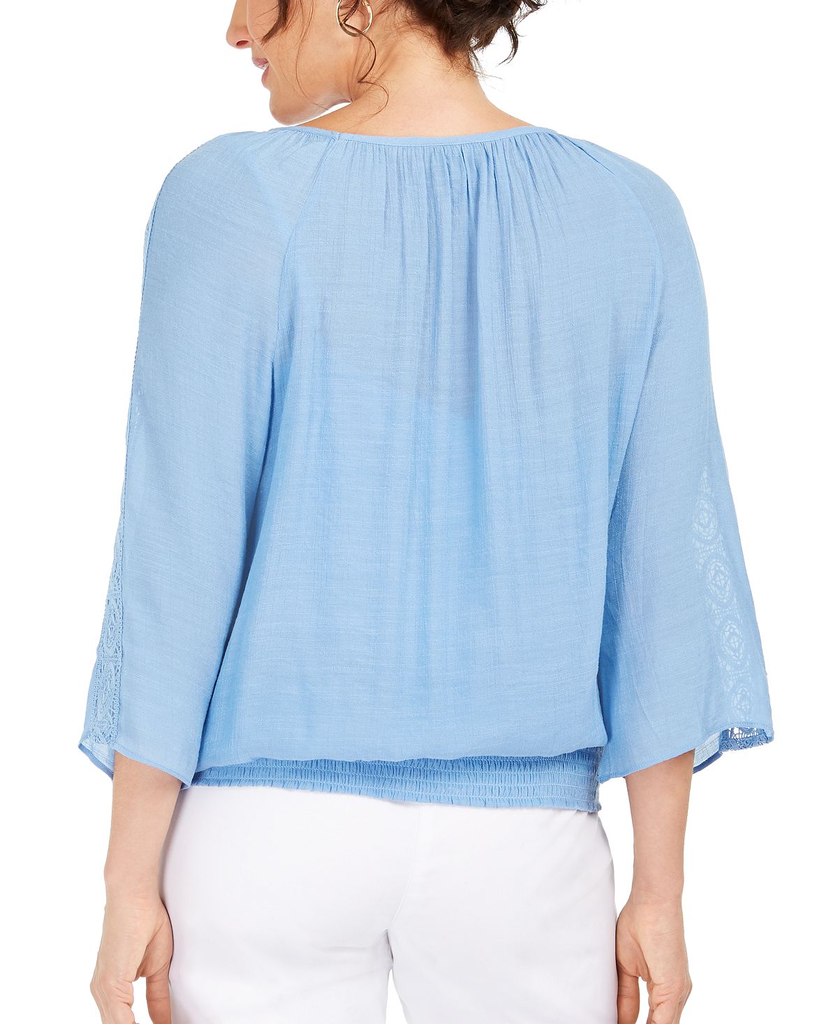 JM Collection Feminino Texturizado Crochê Manga Colar Gaze Top Azul Tamanho XX-G
