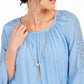 JM Collection Feminino Texturizado Crochê Manga Colar Gaze Top Azul Tamanho XX-G