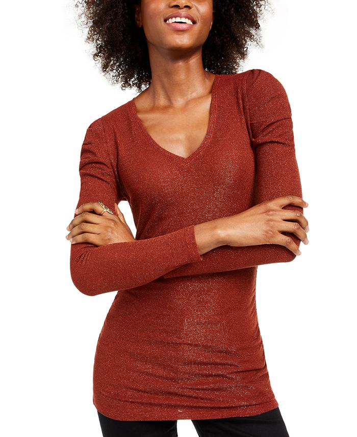 INC International Concepts Top feminino franzido com decote em V e brilho, vermelho, tamanho X-S