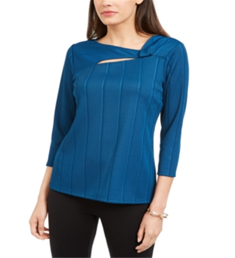 Blusa feminina Alfani com decote torcido e cor lisa, azul, tamanho pequeno G