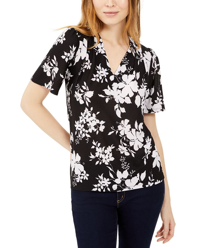 Blusa feminina Michael Kors Tropical Shadow Floral com decote em V, preta, tamanho médio