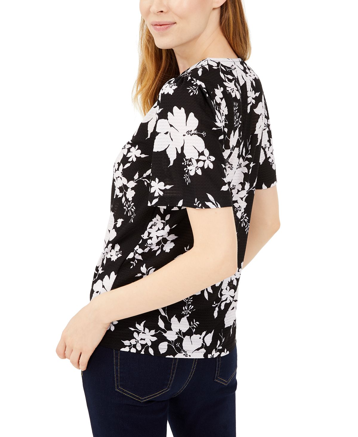 Blusa feminina Michael Kors Tropical Shadow Floral com decote em V, preta, tamanho médio