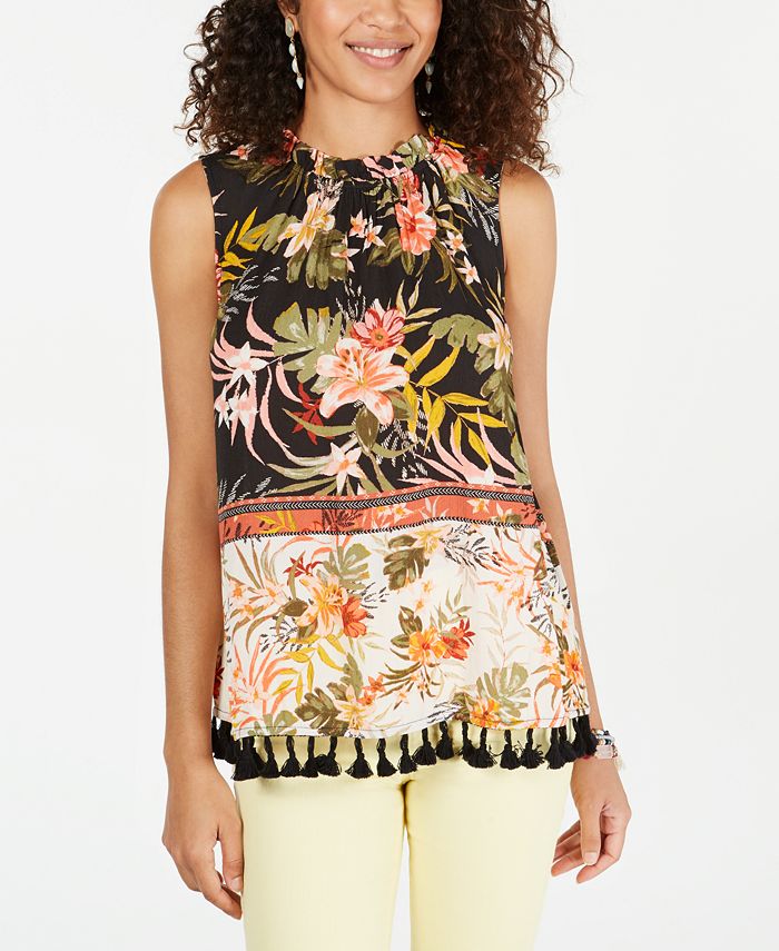 Blusa feminina com estampa floral e acabamento em borlas, preta, tamanho pequeno, da Style &amp; Co