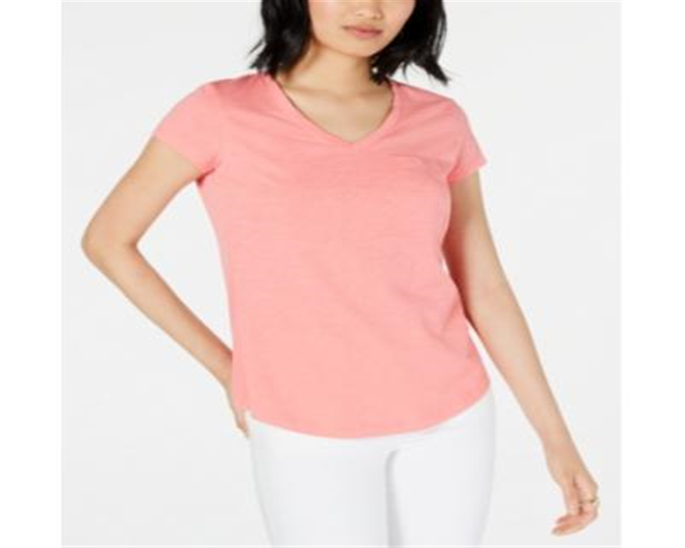 Camiseta feminina Maison Jules com decote em V e bolso aplicado, rosa, tamanho pequeno