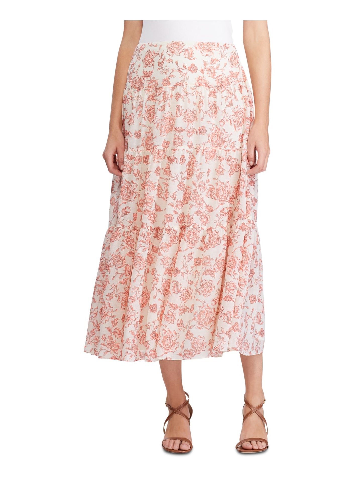 Saia plissada com corte floral e comprimento médio Ralph Lauren, tamanho 6, rosa
