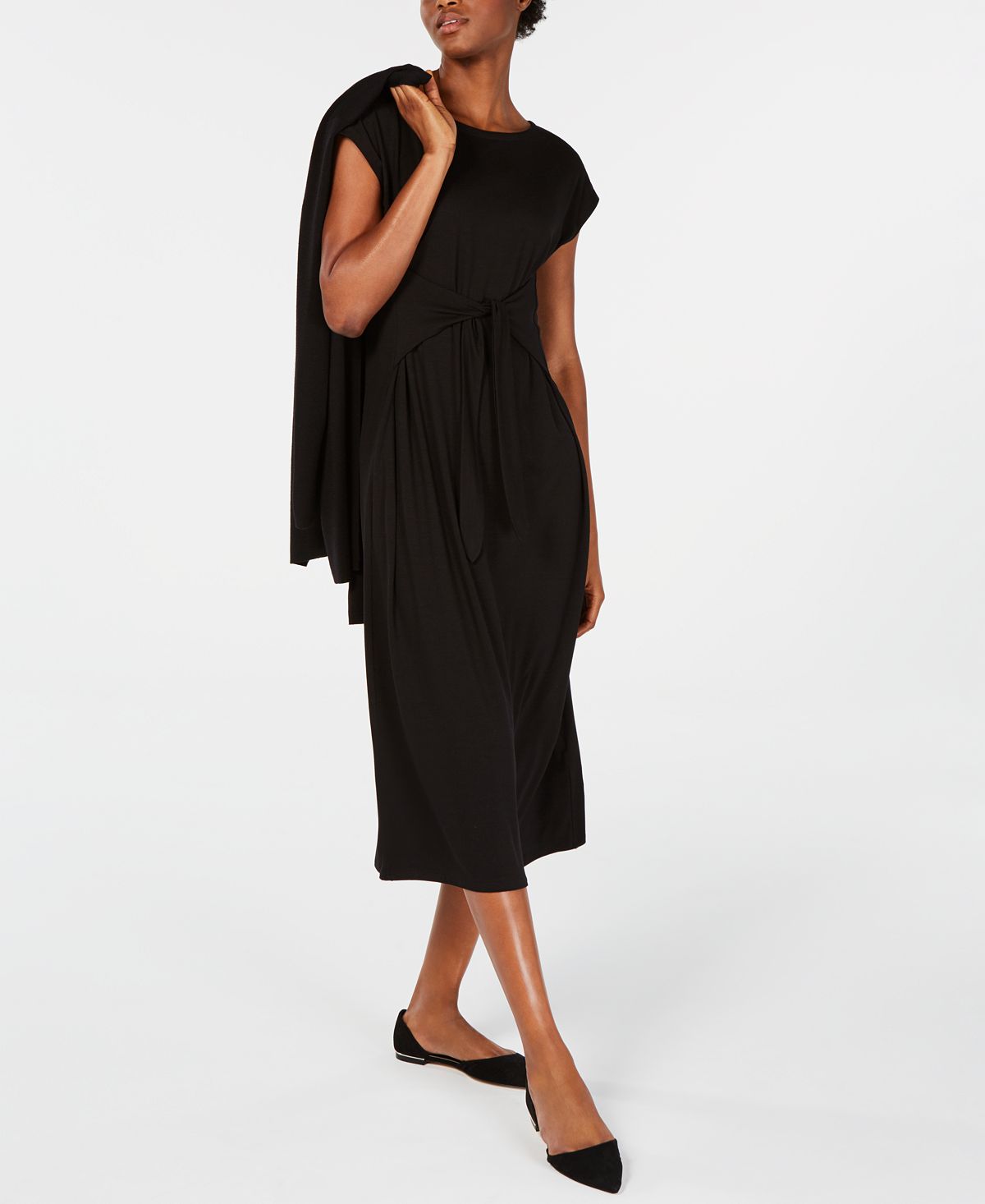 Vestido midi com amarração na cintura feminino Eileen Fisher, preto, tamanho pequeno