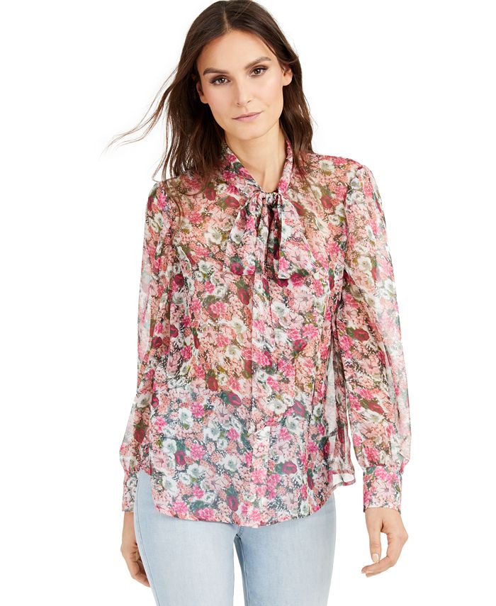 Blusa feminina transparente floral manga comprida rosa tamanho extrapequeno da INC International Concepts
