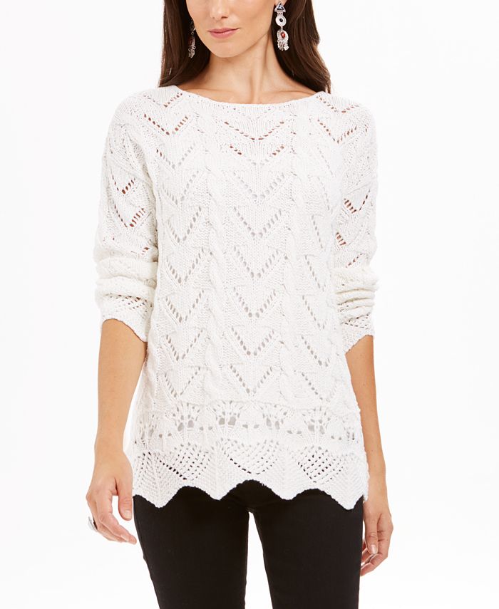 Suéter feminino de malha Pointelle com bainha recortada, tamanho XX-G, branco, estilo &amp; Co