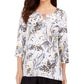 JM Collection Blusa feminina estampada com decote em V e pregas, branca, tamanho X-S