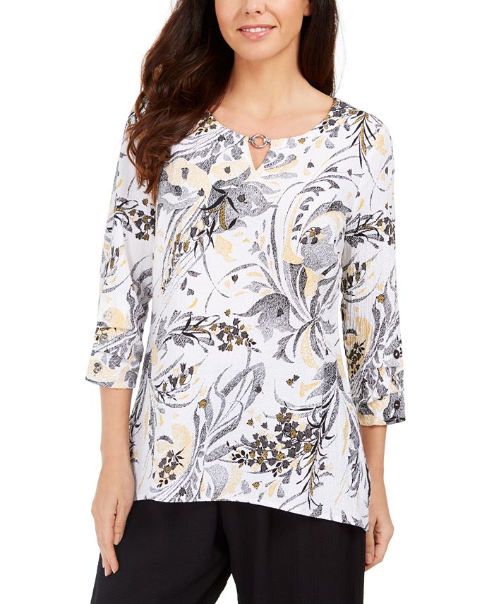 JM Collection Blusa feminina estampada com decote em V e pregas, branca, tamanho X-S