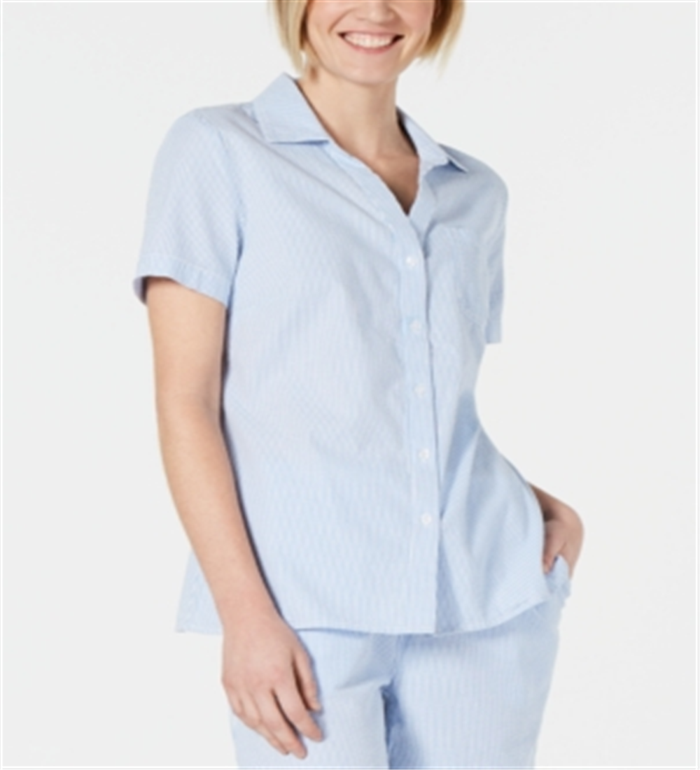 Camisa feminina Karen Scott de algodão seersucker, azul, tamanho XX-G