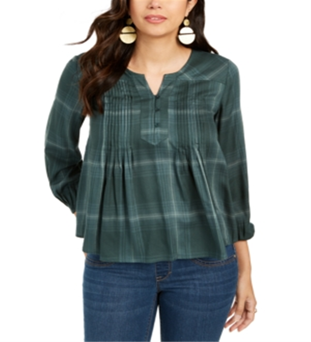 Blusa xadrez feminina estilo &amp; co, gola dividida, verde, tamanho extrapequeno