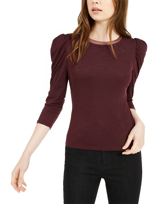 Blusa feminina Bar III com acabamento em malha e manga bufante, vermelha, tamanho X-S