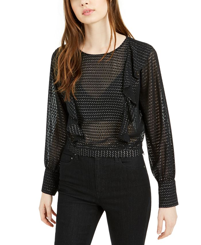 Blusa feminina com babados e bolinhas metálicas Bar III, manga comprida, preta, tamanho 2XS