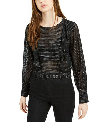 Blusa feminina com babados e bolinhas metálicas Bar III, manga comprida, preta, tamanho 2XS