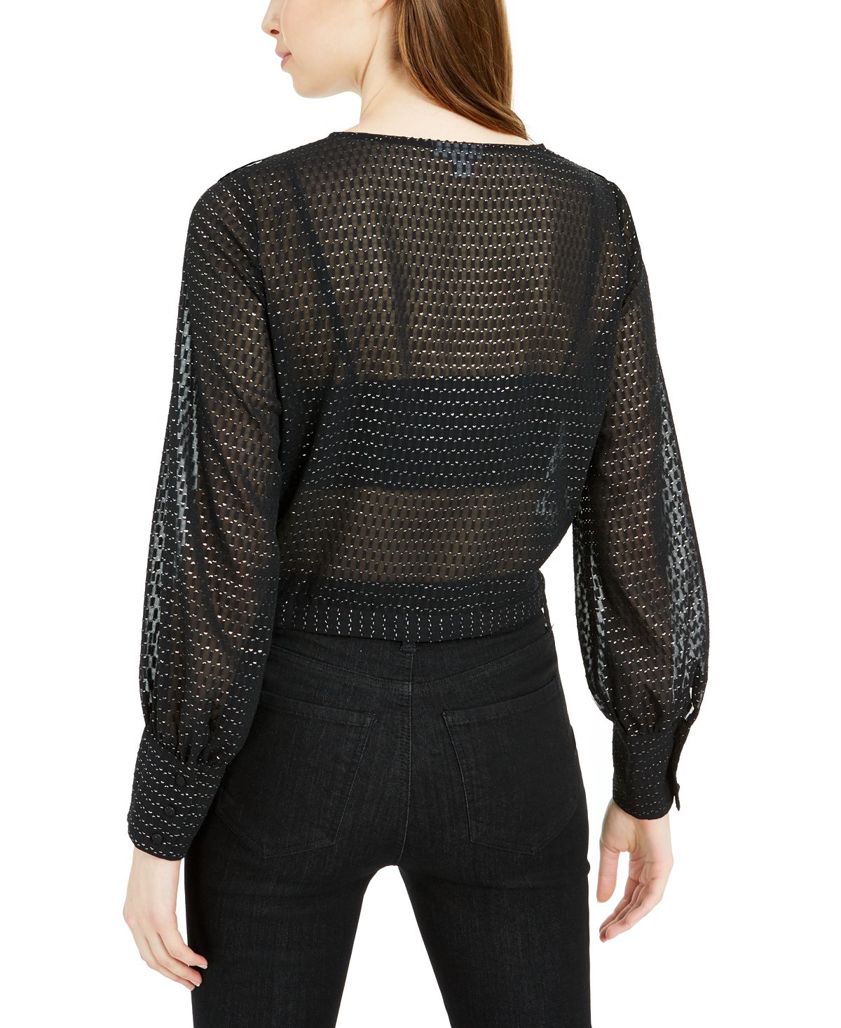 Blusa feminina com babados e bolinhas metálicas Bar III, manga comprida, preta, tamanho 2XS