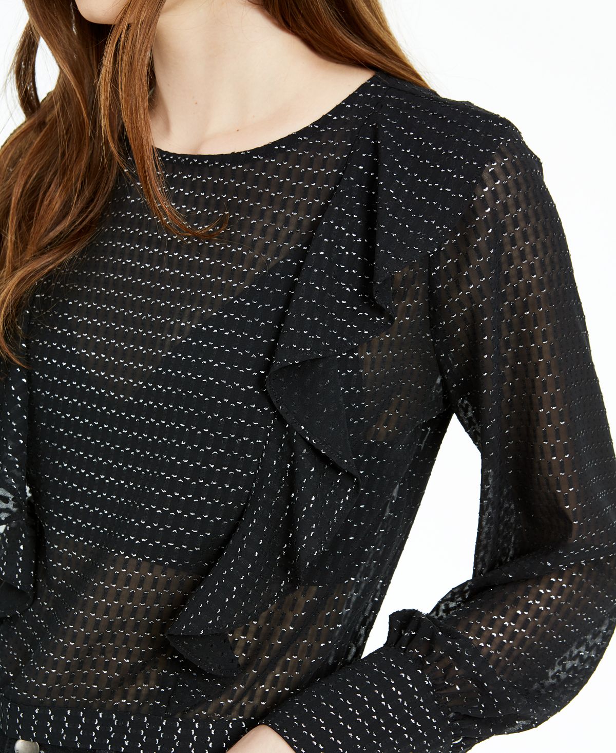 Blusa feminina com babados e bolinhas metálicas Bar III, manga comprida, preta, tamanho 2XS