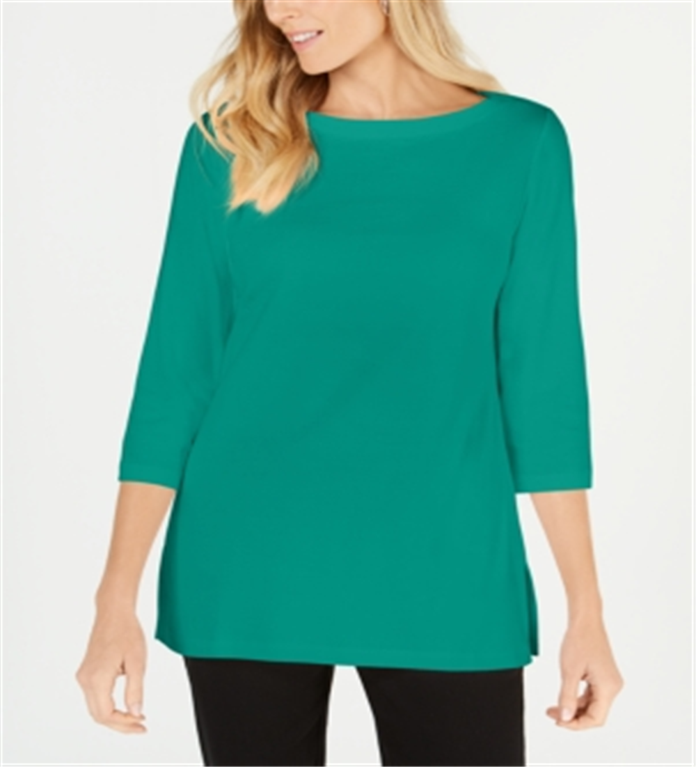 Karen Scott Blusa de malha feminina de algodão com decote canoa e manga 3/4, verde, tamanho GG