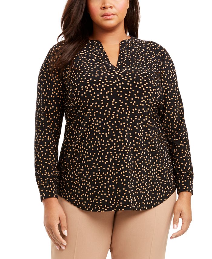 Blusa feminina Anne Klein com decote dividido e bolinhas, preta, tamanho 0X