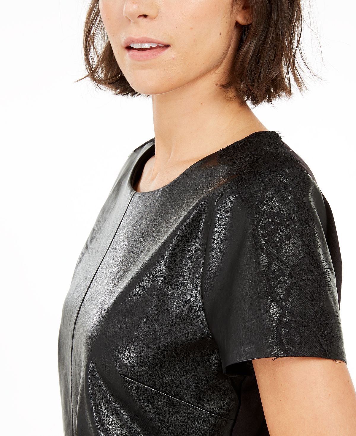 Camiseta feminina de couro sintético INC International Concepts, preta, tamanho pequeno
