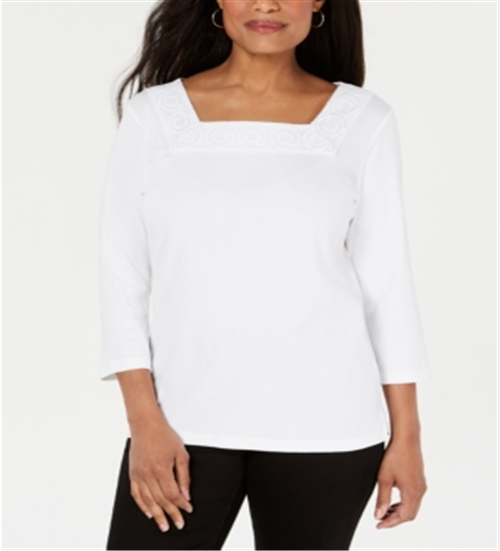 Blusa feminina Karen Scott de crochê com decote quadrado, branca, tamanho XX-G
