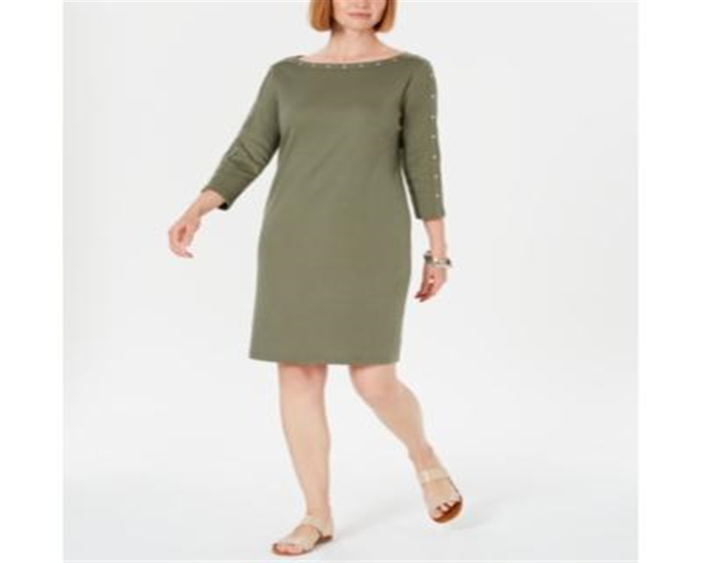Vestido feminino Karen Scott com decote canoa e tachas, verde, tamanho pequeno, médio