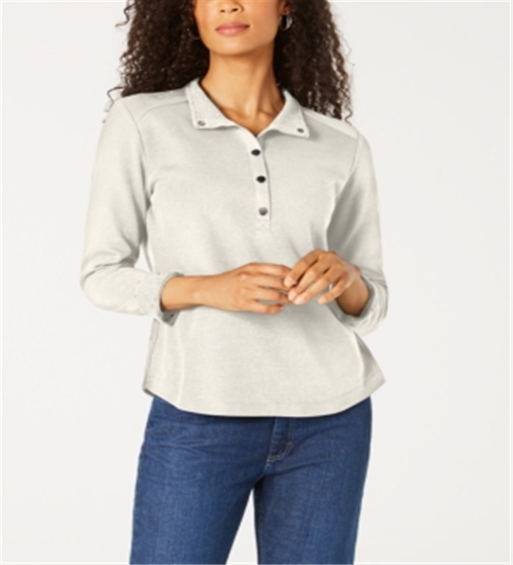 Karen Scott Blusa feminina lisa e estampada com gola, branca, tamanho pequeno G
