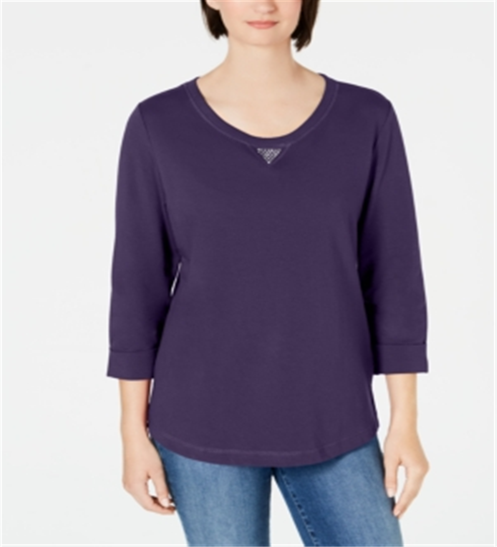 Karen Scott Moletom Feminino Esportivo de Algodão com Tachas Manga 3/4 Roxo Tamanho Grande