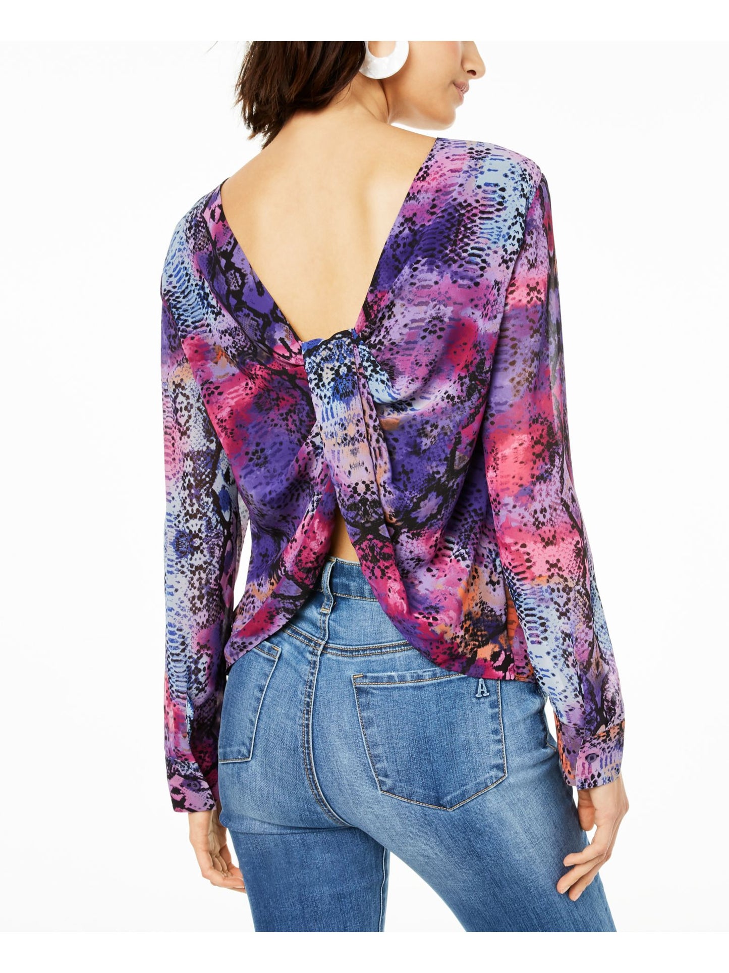 Blusa feminina Bar III estampada, manga comprida, gola redonda, roxa, tamanho extrapequeno