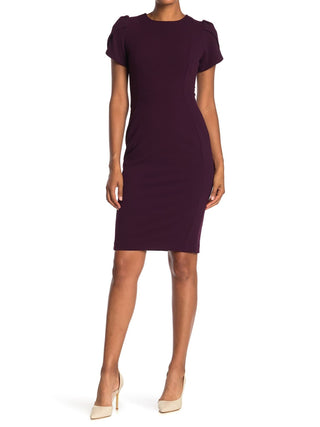 Vestido de festa Calvin Klein feminino com manga pétala, decote joia e acima do joelho, roxo, tamanho 14