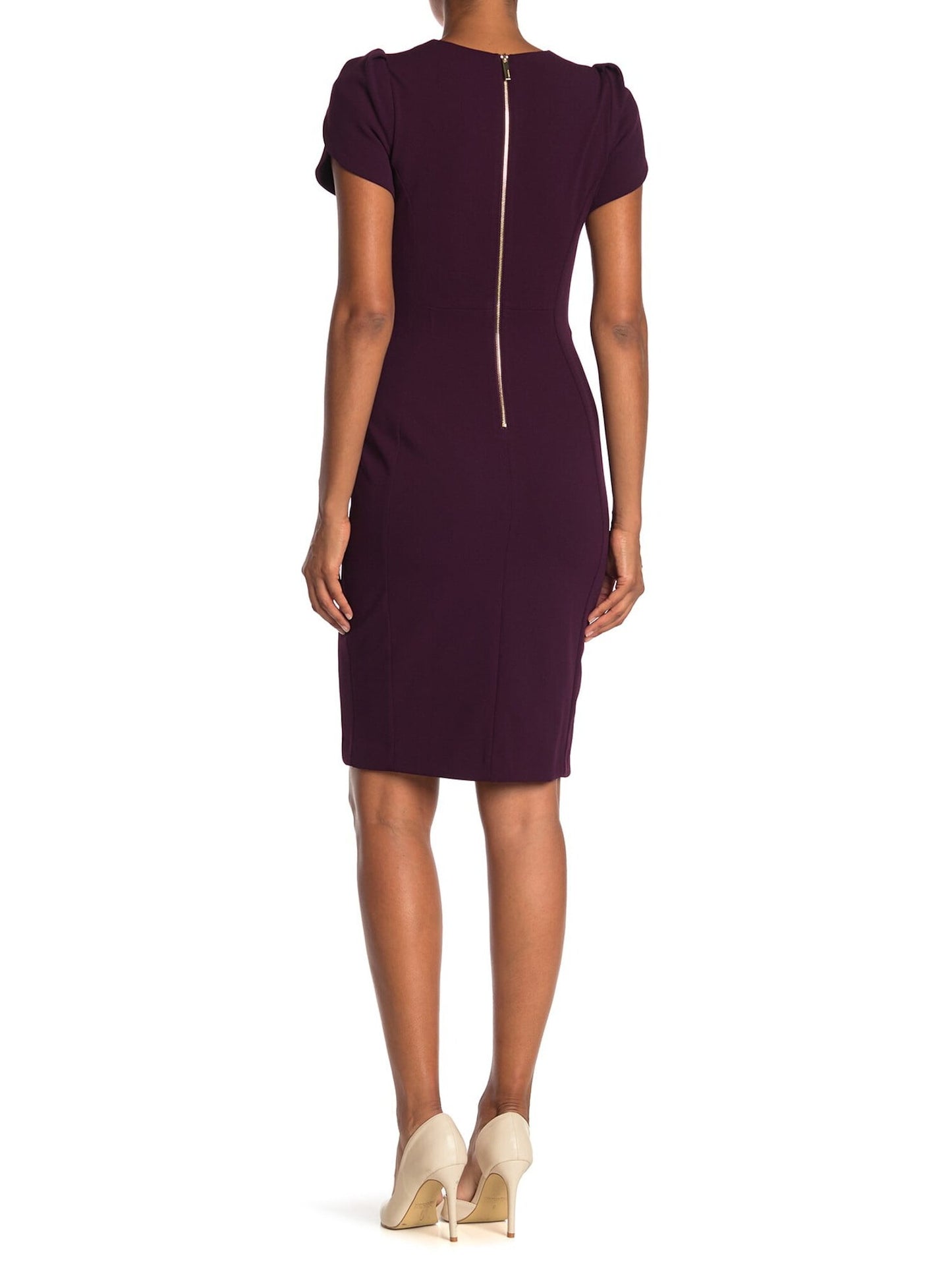Vestido de festa Calvin Klein feminino com manga pétala, decote joia e acima do joelho, roxo, tamanho 14