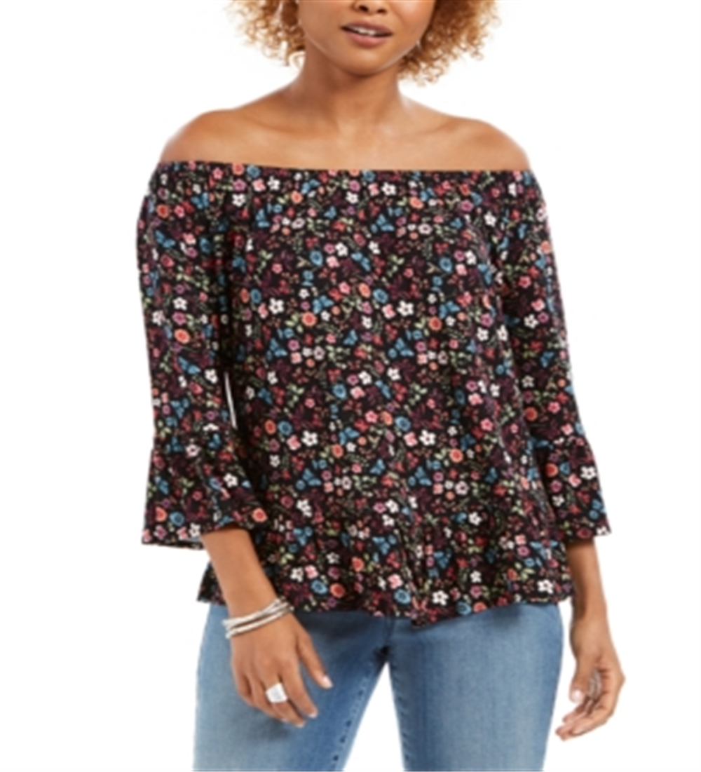 Top estampado ombro a ombro feminino Style &amp; Co, preto, tamanho grande
