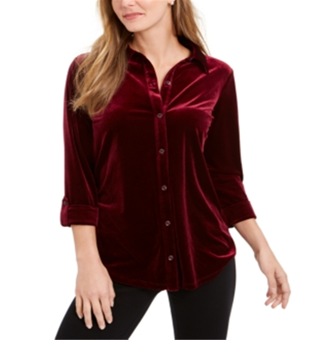 Blusa de veludo feminina Charter Club com botões frontais, tamanho vinho, pequeno, G