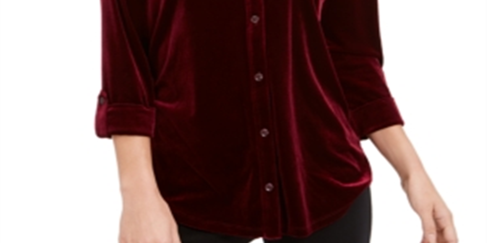Blusa de veludo feminina Charter Club com botões frontais, tamanho vinho, pequeno, G