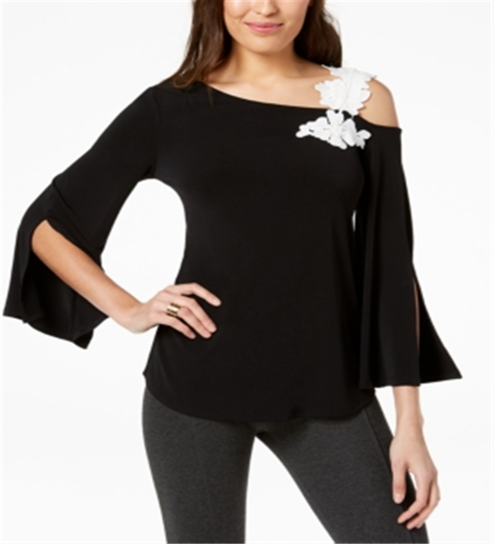 Blusa feminina Alfani com apliques de um ombro só, preta, tamanho pequeno G