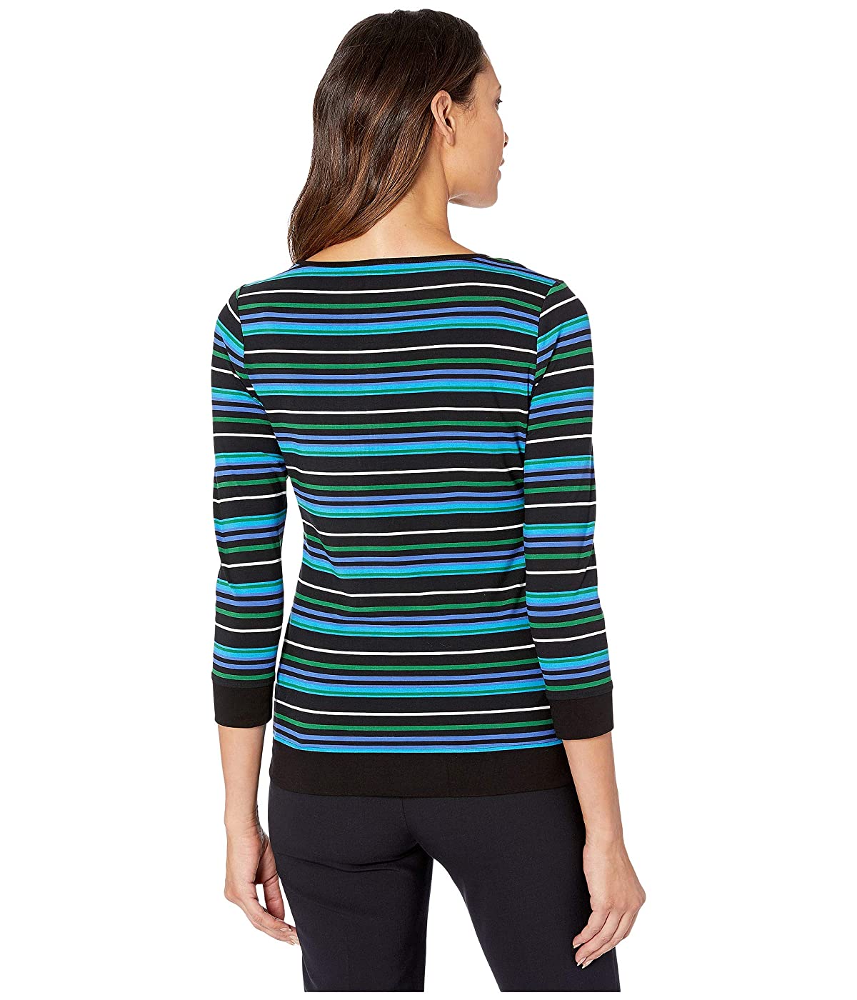 Vince Camuto Blusa feminina com manga 3/4 e decote canoa e listras paisagísticas, preta, tamanho médio