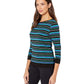 Vince Camuto Blusa feminina com manga 3/4 e decote canoa e listras paisagísticas, preta, tamanho médio