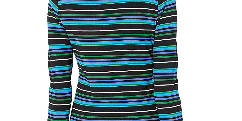 Vince Camuto Blusa feminina com manga 3/4 e decote canoa e listras paisagísticas, preta, tamanho médio