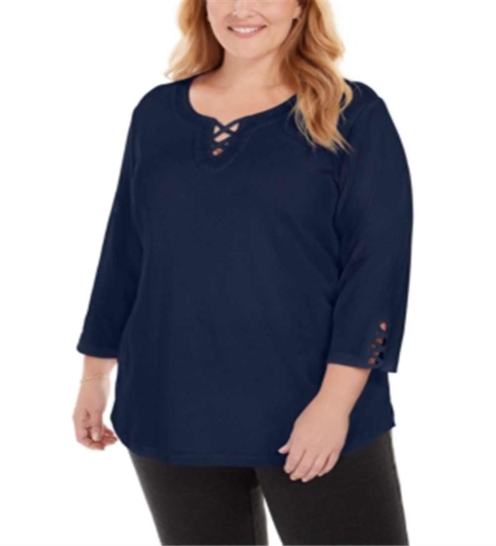 Blusa feminina Karen Scott de algodão com acabamento cruzado, azul, tamanho 0X