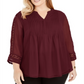 Top feminino Charter Club com mangas rendadas e frente franzida, vermelho, tamanho 3X