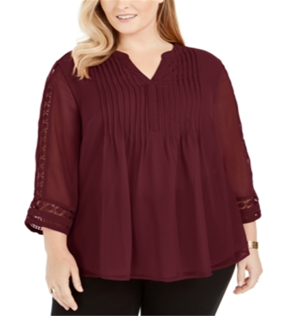 Top feminino Charter Club com mangas rendadas e frente franzida, vermelho, tamanho 3X