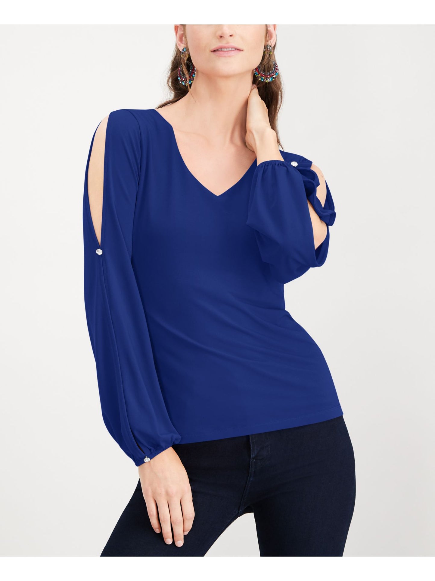 INC International Concepts Top feminino com botões e mangas divididas e strass, azul, tamanho XX-G