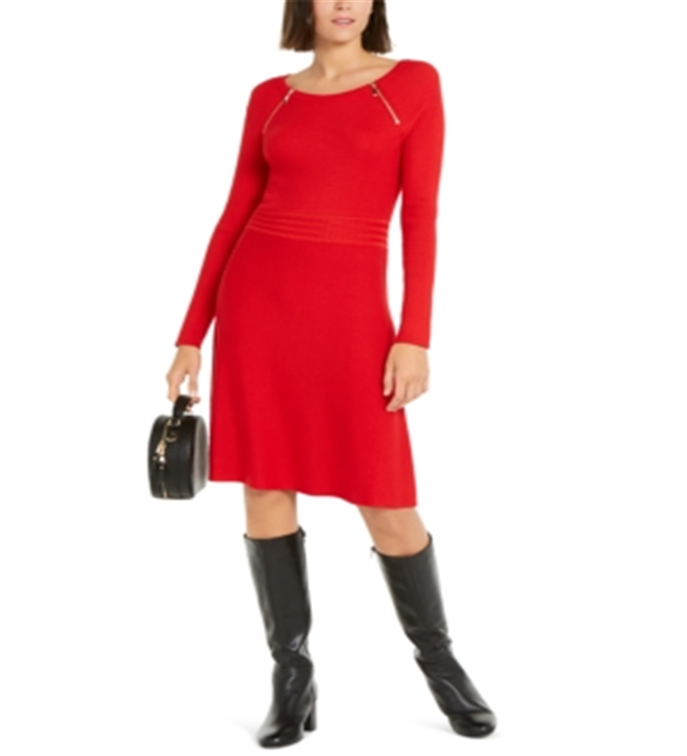 Vestido suéter feminino INC International Concepts com detalhe de zíper e ajuste evasê, vermelho, tamanho XX-G
