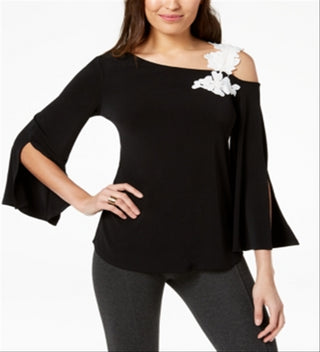 Blusa feminina Alfani com apliques de um ombro só, preta, tamanho pequeno e pequeno