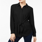 Blusa feminina com botões e mangas compridas e nó frontal da INC International Concepts, preta, tamanho médio