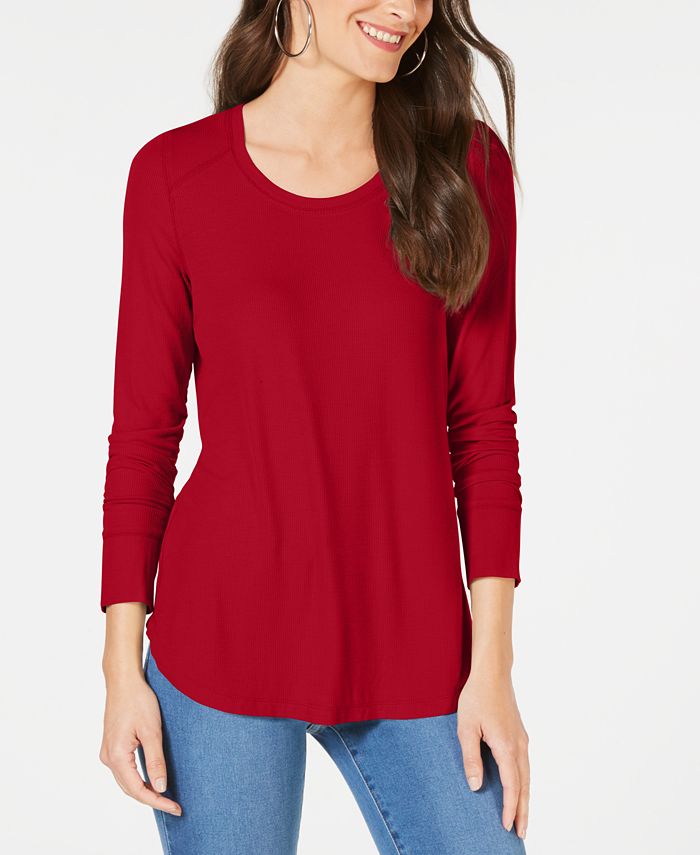 Camiseta feminina canelada de manga comprida INC International Concepts, vermelha, tamanho X-G