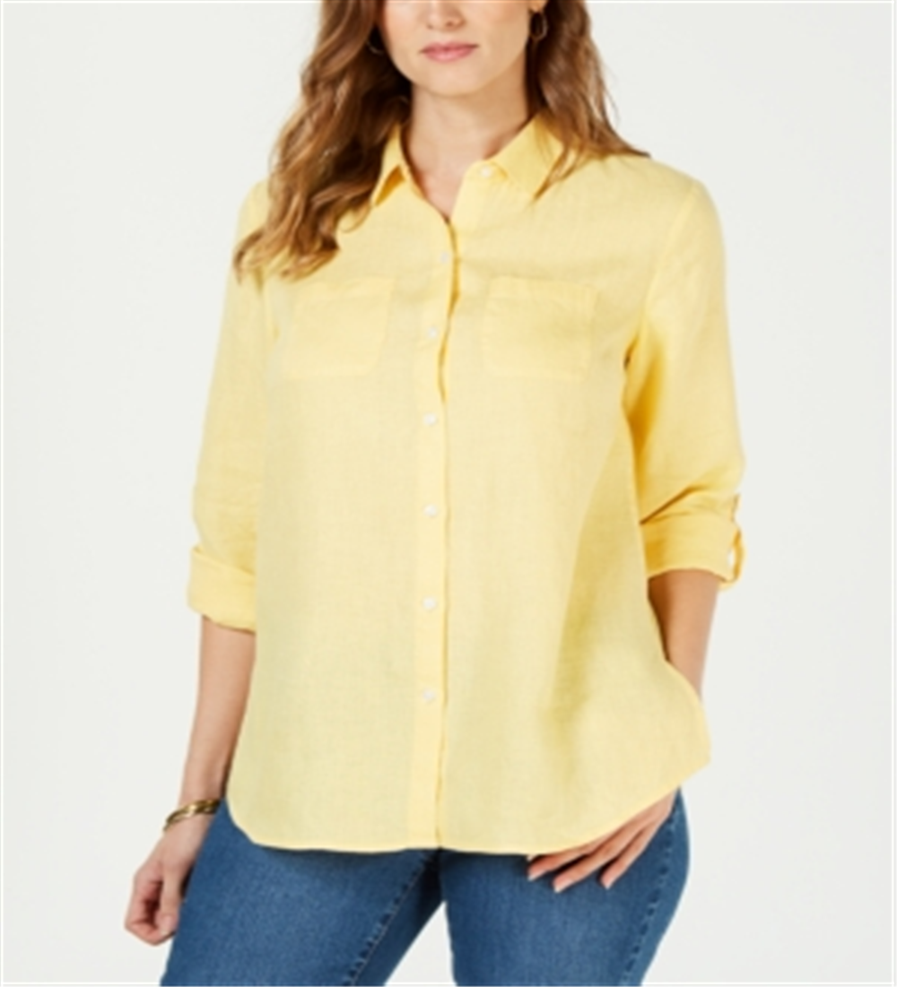 Camisa feminina Charter Club de linho com botões frontais, tamanho pequeno, amarela