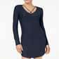 Vestido curto feminino Planet Gold com decote em V e mangas compridas, azul, tamanho grande