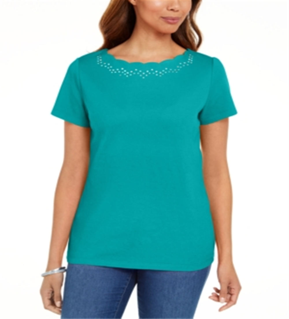 Camiseta feminina Karen Scott de algodão com gola recortada, verde, tamanho médio